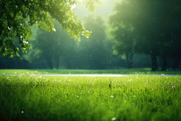 Obraz na płótnie Canvas Summer rain on a green meadow in sunlight