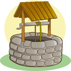 Vector cartoon summer landscape with vintage well with wooden roof, pulley and bucket. Basin for water source or spring near farm or village