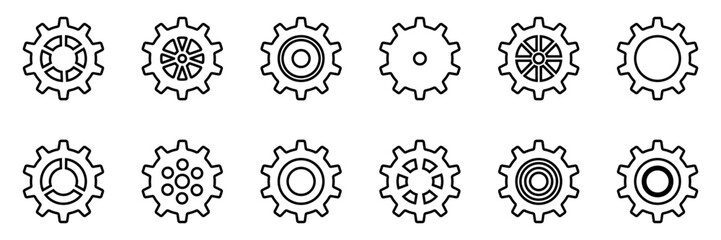 Gears icon set. Setting gears icon. Collection of mechanical outline cogwheels. Simple Gear wheel collection. Gear icons silhouette. Vector illustration with cogwheels sign set on white background.