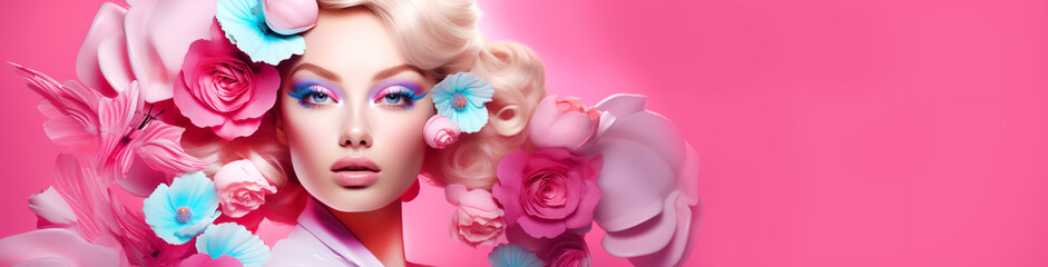  Surreal woman portrait with flowers, fantasy in style Barbie Pink. Bright pink colors. Concept of environmental friendliness and naturalness of cosmetic products. Banner. Generative Ai content.