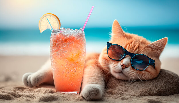 Gato con gafas tomando en refresco en la playa
