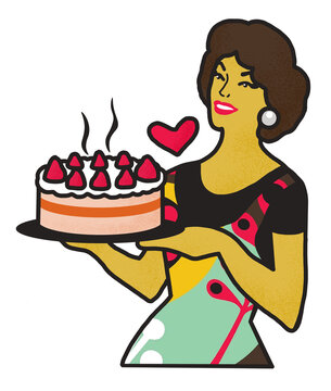 recommend clip art: Retro Housewife Holding a Cake Illustration, 70s Style Vintage Woman  Baking a Dessert Illustration