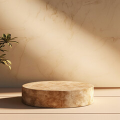 podium for product display in beige color and natural elegant, minimal, luxury created with Generative AI