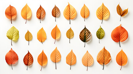 Set of different autumn leaves isolated on white background. Autumn leaves of red, brown, yellow and ocher color