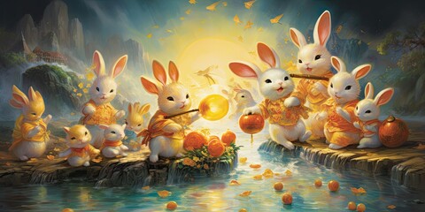Lunar Celebration Extravaganza - Playful Rabbits Dancing Around a Giant Mooncake  Moonlit Festival Generative AI Digital Illustration