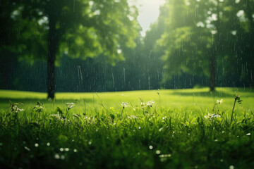 Fototapeta na wymiar Summer rain on a green meadow in sunlight