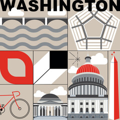 Typography word "Washington" branding technology concept. Collection of flat vector web icons, culture travel set, famous architectures, specialties detailed silhouette. American famous landmark.