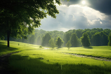 Summer rain on a green meadow in sunlight