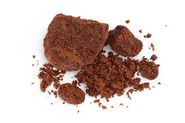 Dark muscovado sugar or Barbados sugar isolated on white background. Top view. Flat lay