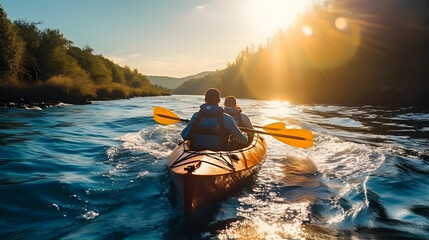 Rear view of two men riding kayak in stream. - obrazy, fototapety, plakaty
