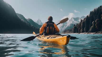 Rear view of woman riding kayak in stream with background of beautiful landscape. - obrazy, fototapety, plakaty