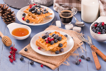 Waffles with red currant and blueberries on white dish. - 624463224