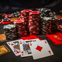 Playing table in a casino with cards and chips. Generative AI