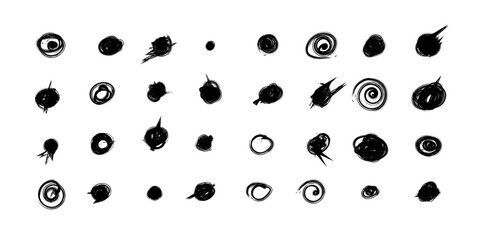 Set of hand drawn doodle circles in a grunge style. Scribble doodle circle and point. Collection black shapes dots and drops. Vector illustration for bullet journal. Isolated white background.