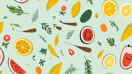 an abstract illustration of food inspired pattern printable for packaging and wrapping created by generative AI
