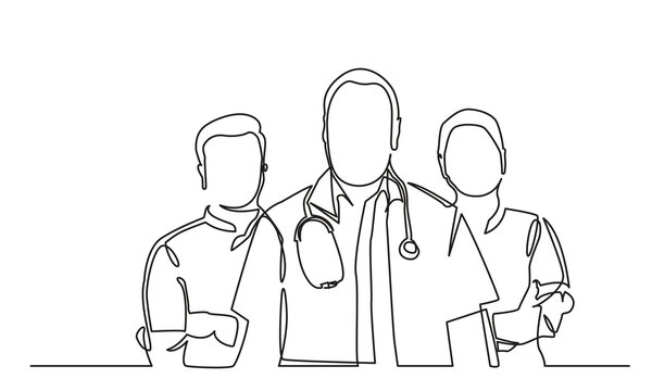 One continuous line drawing doctors team. a group of young male and female doctors pose standing together.Medical healthcare service concept.
