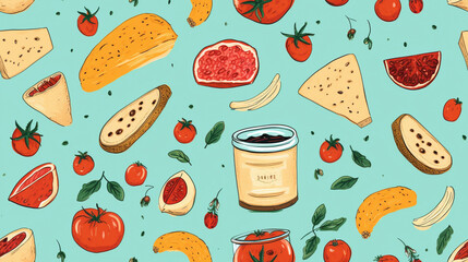 an abstract illustration of food inspired pattern printable for packaging and wrapping created by generative AI