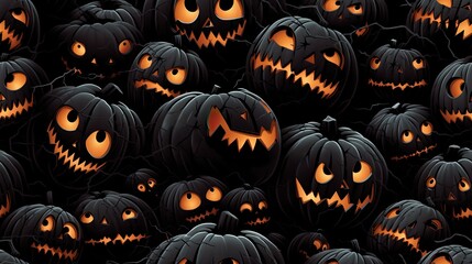 Spooky black pumpkin face, festive Halloween celebration, orange jack-o'-lanterns, seamless Halloween pattern - obrazy, fototapety, plakaty