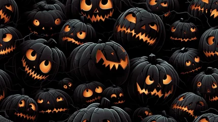 Fotobehang Spooky black pumpkin face, festive Halloween celebration, orange jack-o'-lanterns, seamless Halloween pattern © 18042011