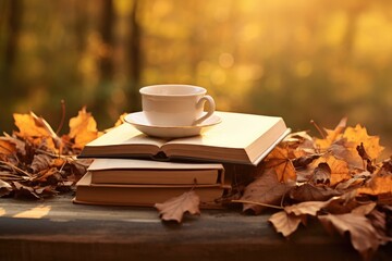 Naklejka na ściany i meble Cup of hot tea and book in the park, autumn leaves , AI Generated