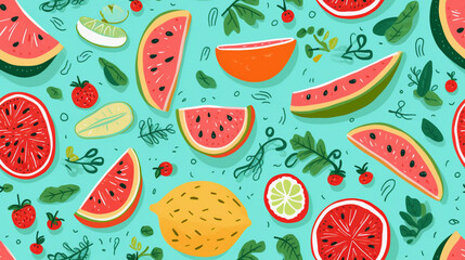 an abstract illustration of food inspired pattern printable for packaging and wrapping created by generative AI