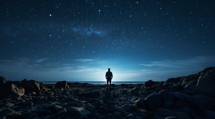  A realistic photo of starry sky with a man standing on a horizon