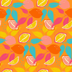 Seamless pattern with bright lemons and leaves in pink colors. Slices of orange, mandarin and clementine. Citrus pattern on an orange background. Vector illustration in a flat style.