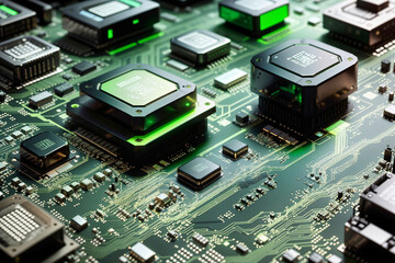 Close-up view of a modern GPU card with circuit and connections 3D rendering