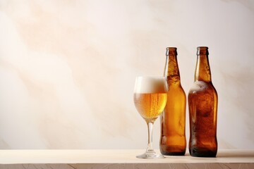 bottles of beer and glass with a marble background. Generative AI