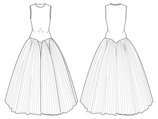 Women A line bridal dress design flat sketch fashion illustration with front and back view, Sleeveless Round neck bridal dress flat sketch cad drawing template. Flared pleated skirt wedding dress