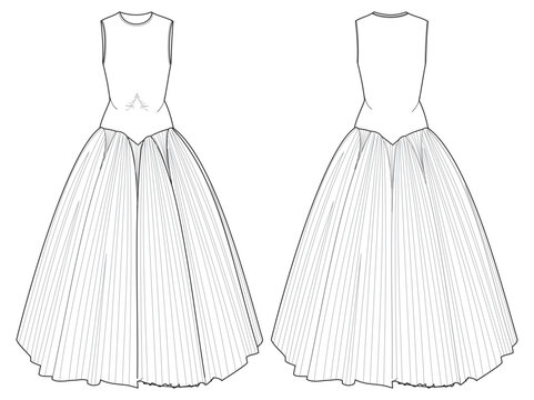 Women A line bridal dress design flat sketch fashion illustration with front and back view, Sleeveless Round neck bridal dress flat sketch cad drawing template. Flared pleated skirt wedding dress