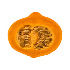 Half orange pumpkin isolated on white background. Top view.