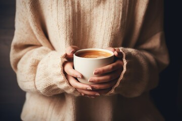 Unrecognizable woman in cozy sweater holding cup with hot coffee, AI Generated