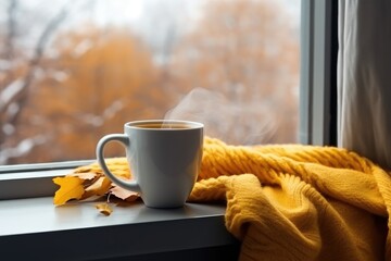 Cup of hot tea on window, yellow plaid and curtain , rain outside. AI Generated