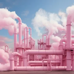 Fotobehang A square composition of pink factory pipes against a blue sky, with smoke resembling cotton candy. A whimsical take on industrial style © Breezze