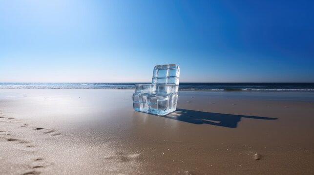 A surreal summer banner depicting a beach chair made of ice cubes on a sandy beach, with the ocean and its waves in the background. Concept of sun, chill, and travel
