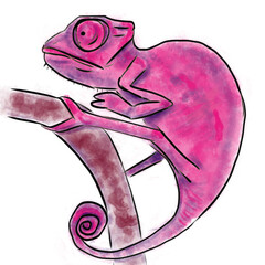 Digital drawing imitating watercolor, representing a pink chameleon on a branch © KatiaSuzana