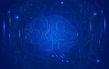 Circuit board line with AI smart brain big data simulation futuristic technology. Artificial intelligence with futuristic learning process template vector concept background.