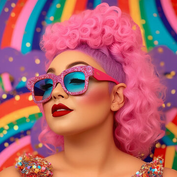 Closeup of a female in glasses with colorful background. Created using ai generative. 