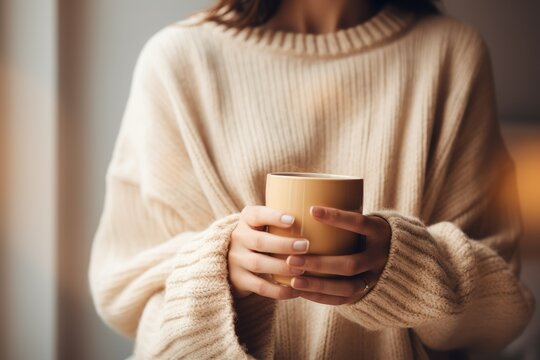 Unrecognizable woman in cozy sweater holding cup with hot coffee, AI Generated