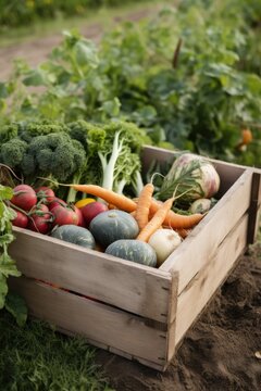 Box full of vegetables sitting in field, vertical
