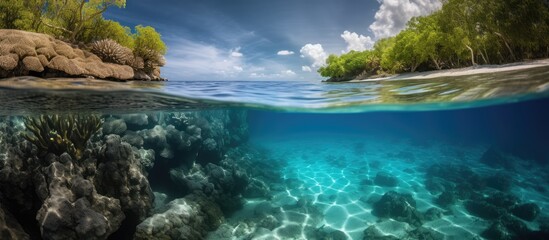 Fototapeta na wymiar Waterline between tropical island and coral reef, sunlight