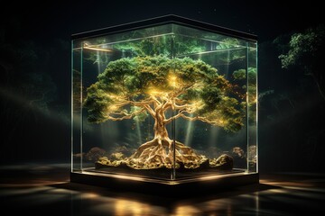 tree in a glass cube, supporting the ecological background