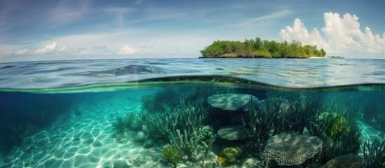Waterline between tropical island and coral reef, sunlight - obrazy, fototapety, plakaty