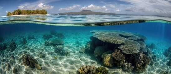 Fototapeta na wymiar Waterline between tropical island and coral reef, sunlight