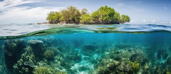 Waterline between tropical island and coral reef