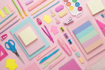 Flat lay with colorful school stationery on color backgroung, top view