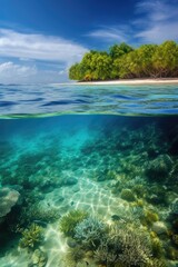 Waterline between tropical island and coral reef