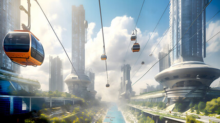 Futuristic city with skyscrapers, cable cars and flying taxies. Illustration made with AI generative