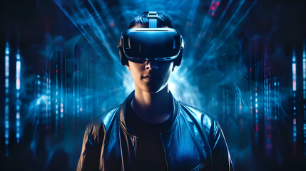 Obraz premium Young man in VR headset. Gaming and Virtual Reality concept illustration made with AI Generative